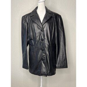 Wilson’s Black Leather Coat  Woman’s Sz L Excellent Condition Front Button